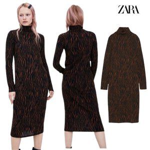 NWT Zara Trafaluc Animal Print Ribbed Turtleneck Bodycon Midi Dress Size Small